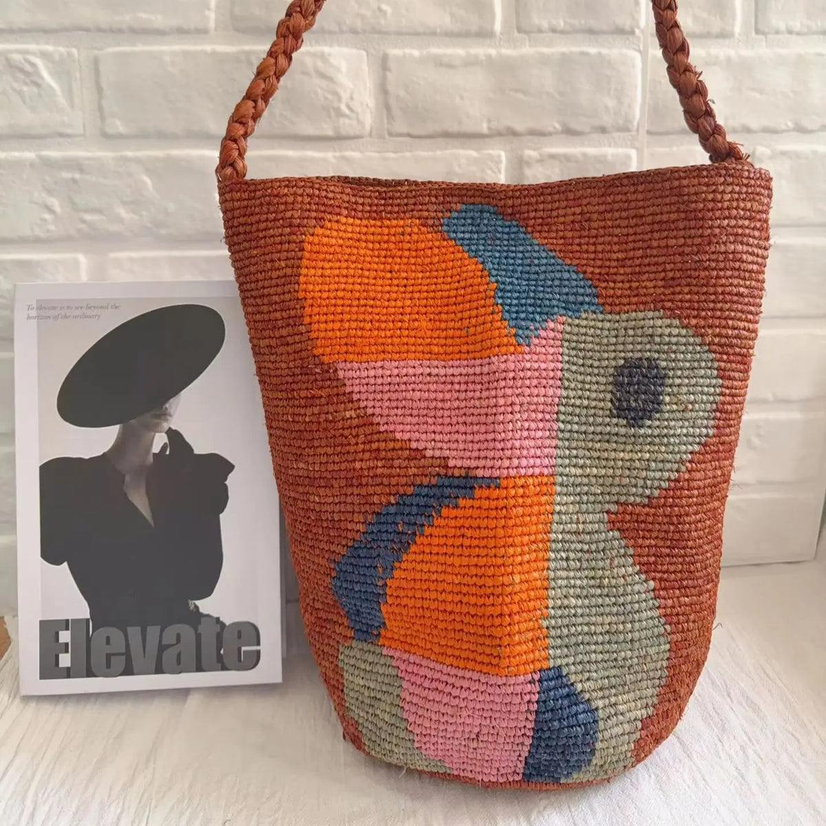 Abstract-Motif Woven Bucket Bag
