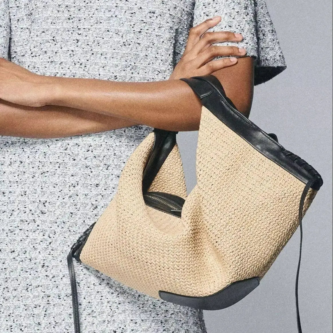 Contrast-Trim Woven Hobo Bag