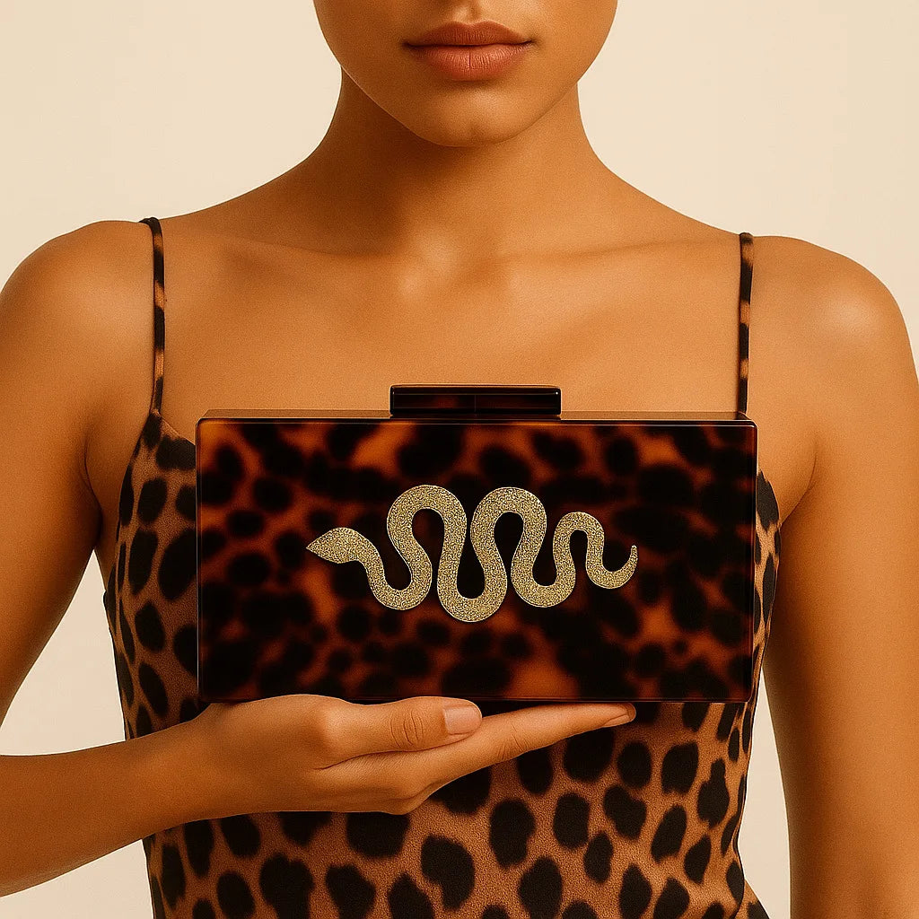 Snake-Motif Leopard Clutch Bag