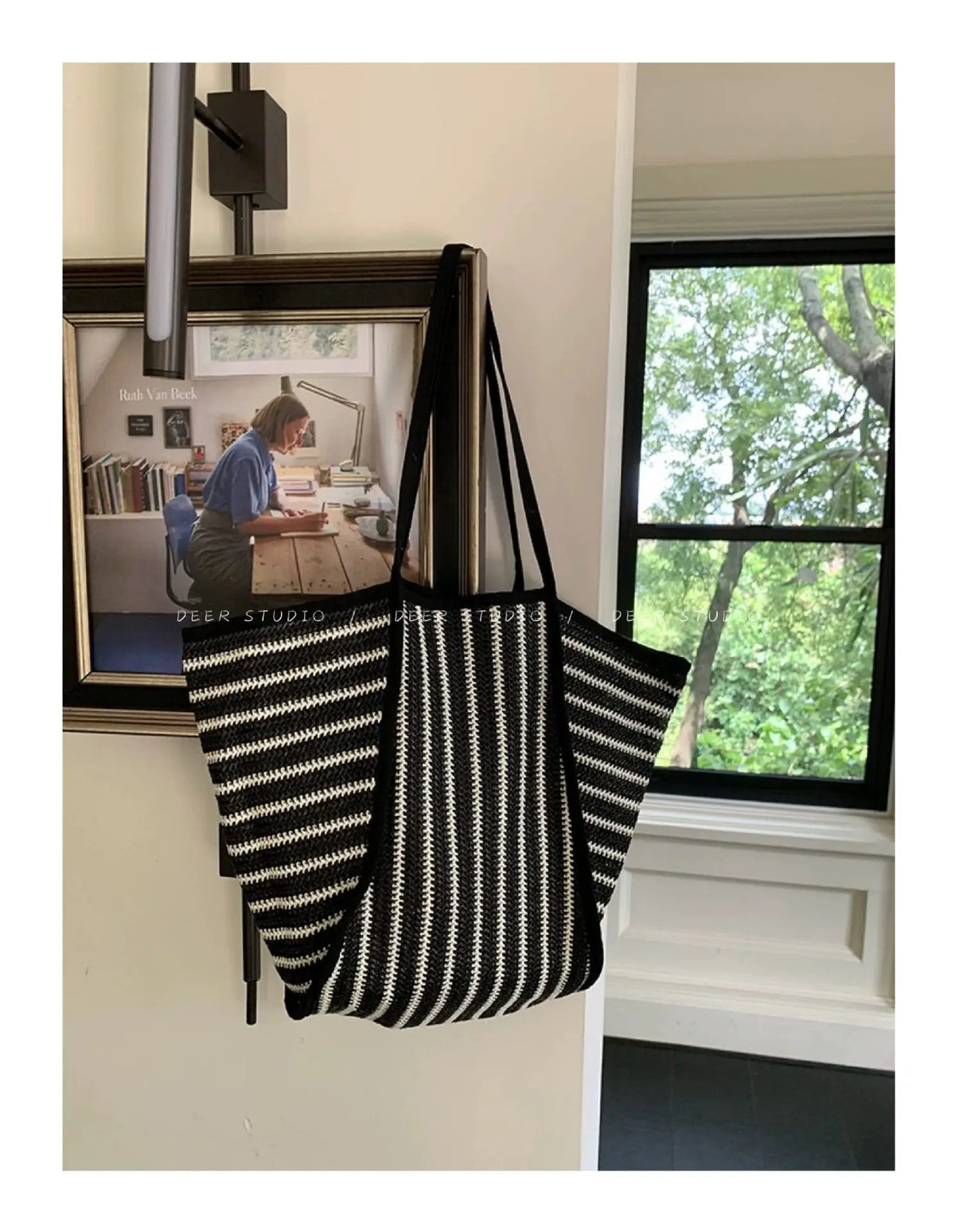 Striped Woven Tote Bag