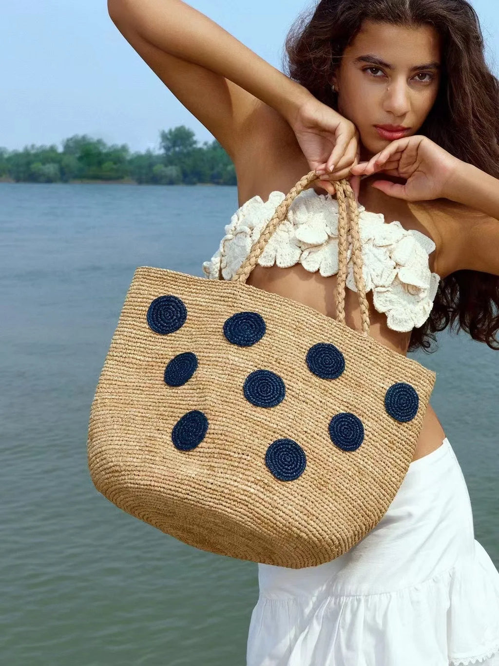 Polka-Dot Woven Tote Bag