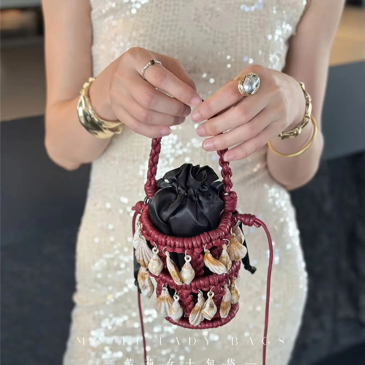 Beaded Woven Bucket Bag