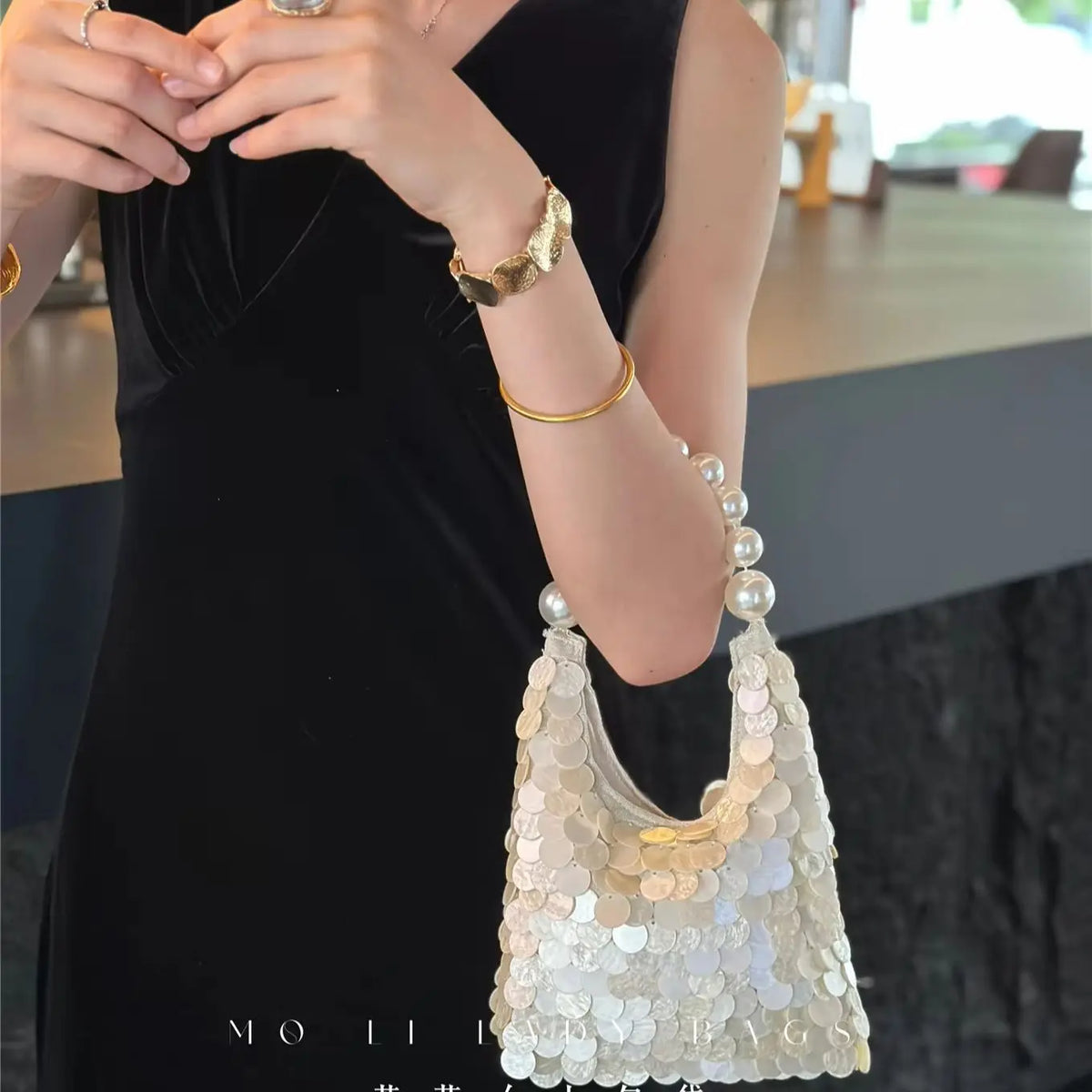 Disc Beaded Handle Handbag