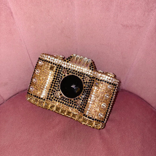 Camera-Shaped Embellished Clutch Bag