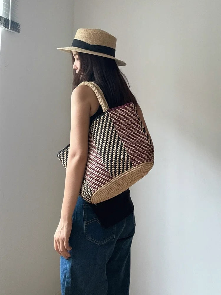 Diagonal-Pattern Woven Bucket Bag