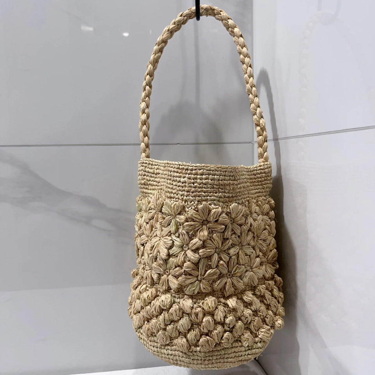 Floral-Textured Woven Bucket Bag