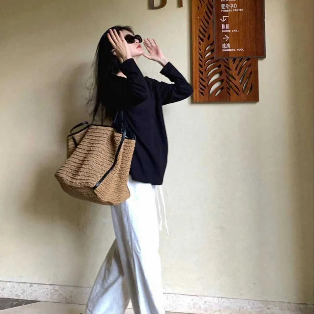 Contrast-Trim Woven Tote Bag