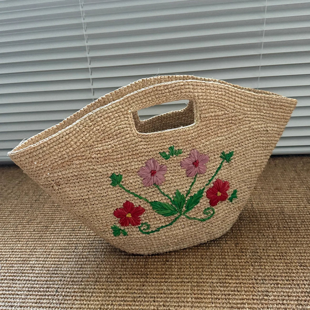 Floral Embroidered Woven Basket Bag