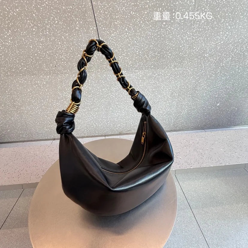Chain-Trim Crescent Shoulder Bag