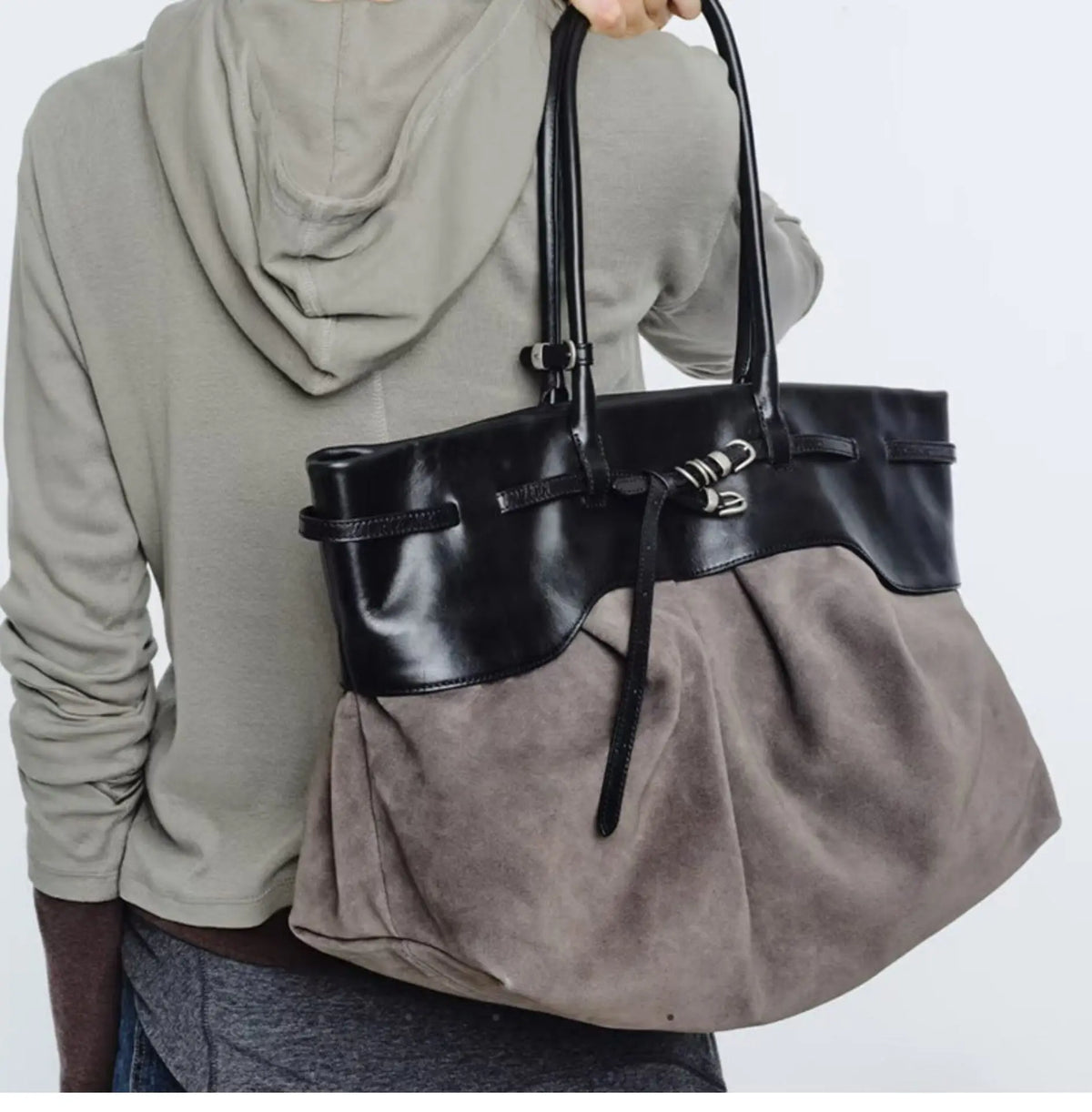 Contrast-Panel Buckled Tote Bag