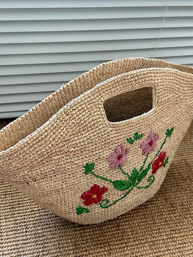 Floral Embroidered Woven Basket Bag