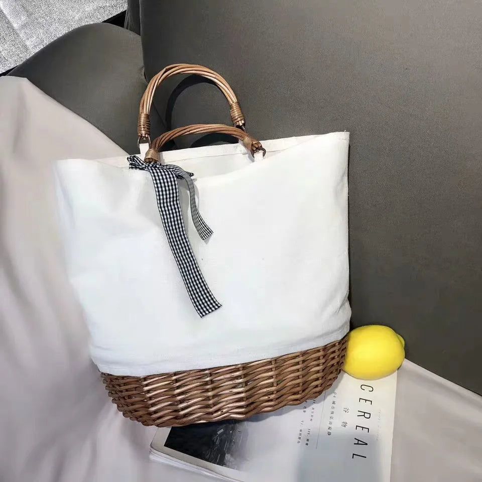 Woven-Base Bucket Tote Bag