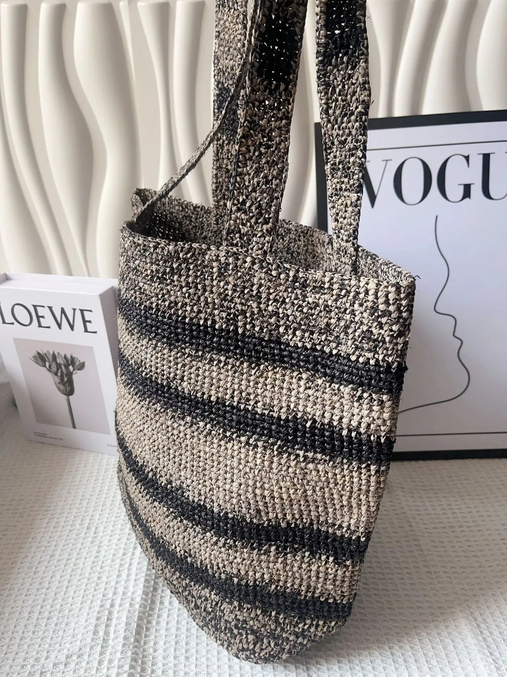Striped Woven Basket Tote