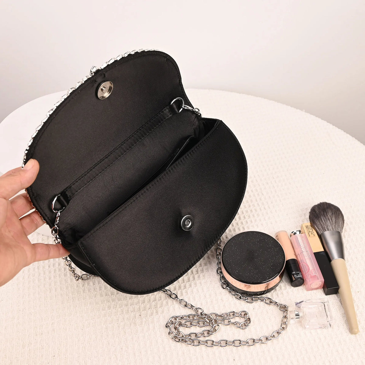 Sparkling-Trim Flap Clutch Bag
