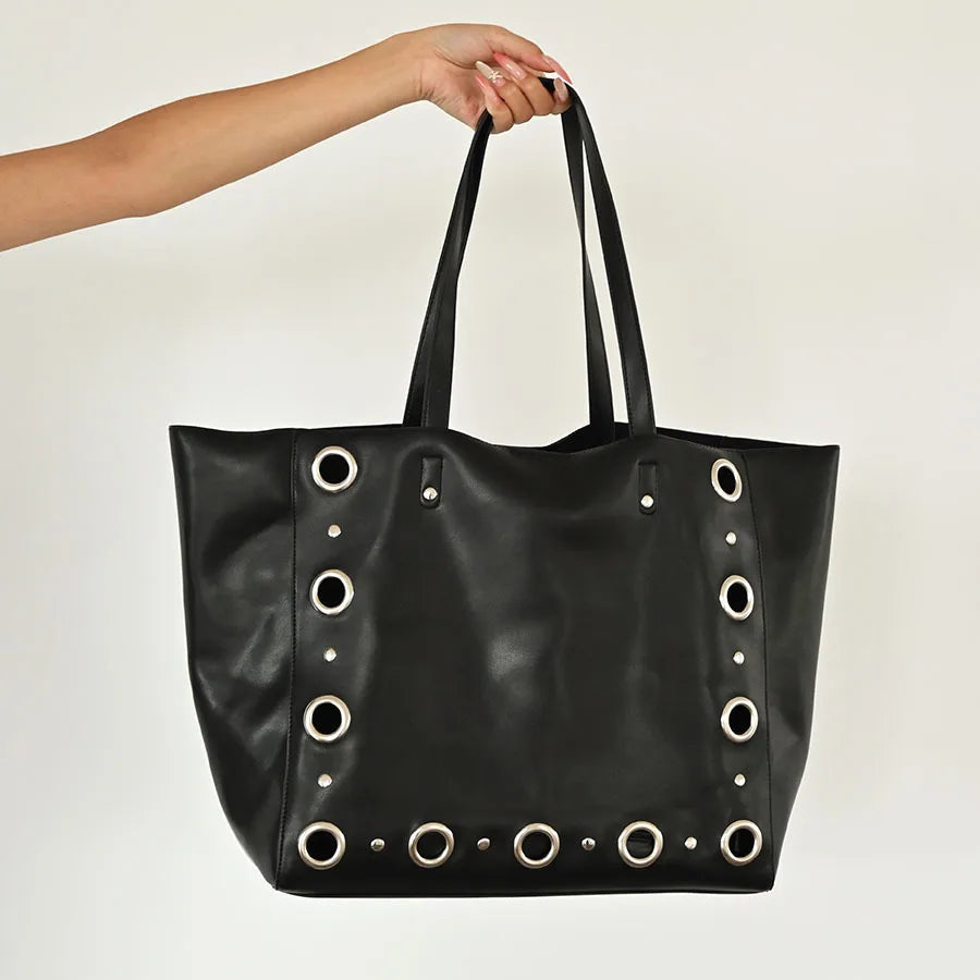Grommet-Trim Shoulder Tote Bag