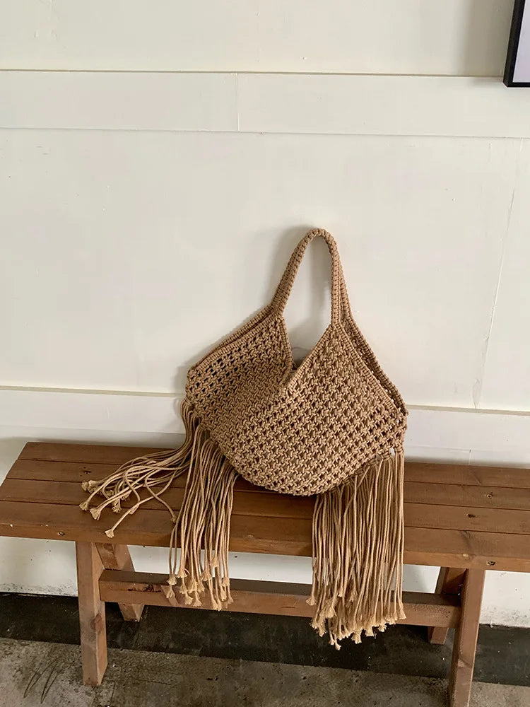 Long-Fringe Woven Shoulder Bag