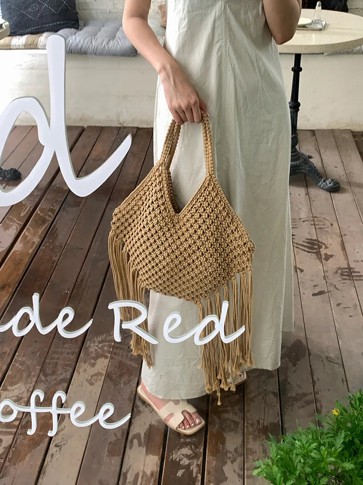 Long-Fringe Woven Shoulder Bag