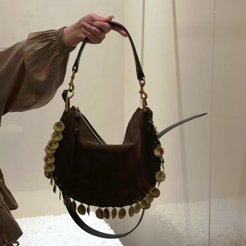 Disc-Trim Crescent Shoulder Bag