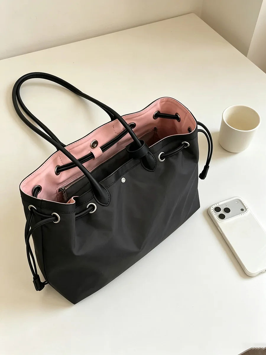 Contrast Trim Drawstring Tote