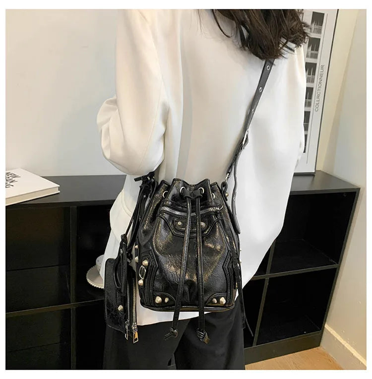 Studded Drawstring Bucket Bag