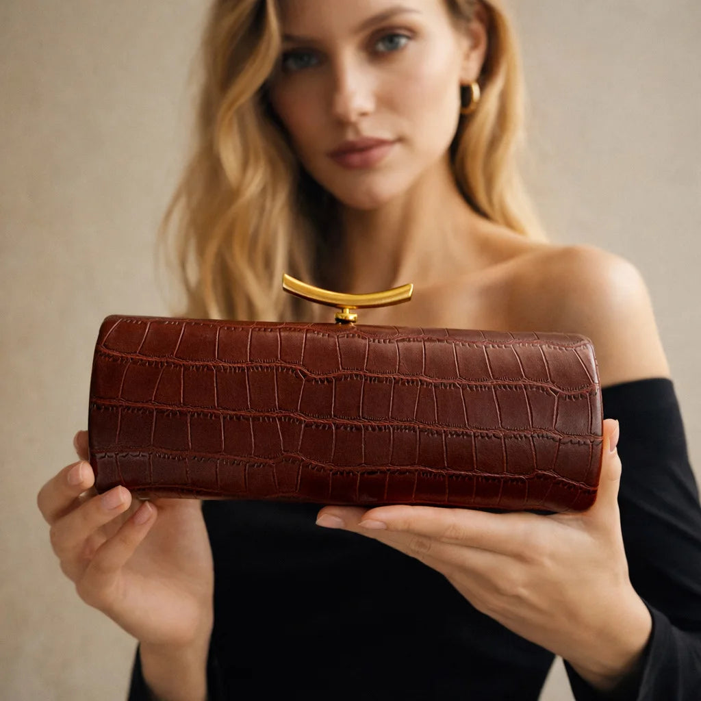Croc-Embossed Cylinder Clutch Bag