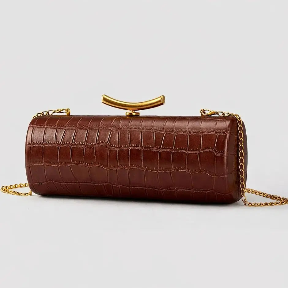 Croc-Embossed Cylinder Clutch Bag