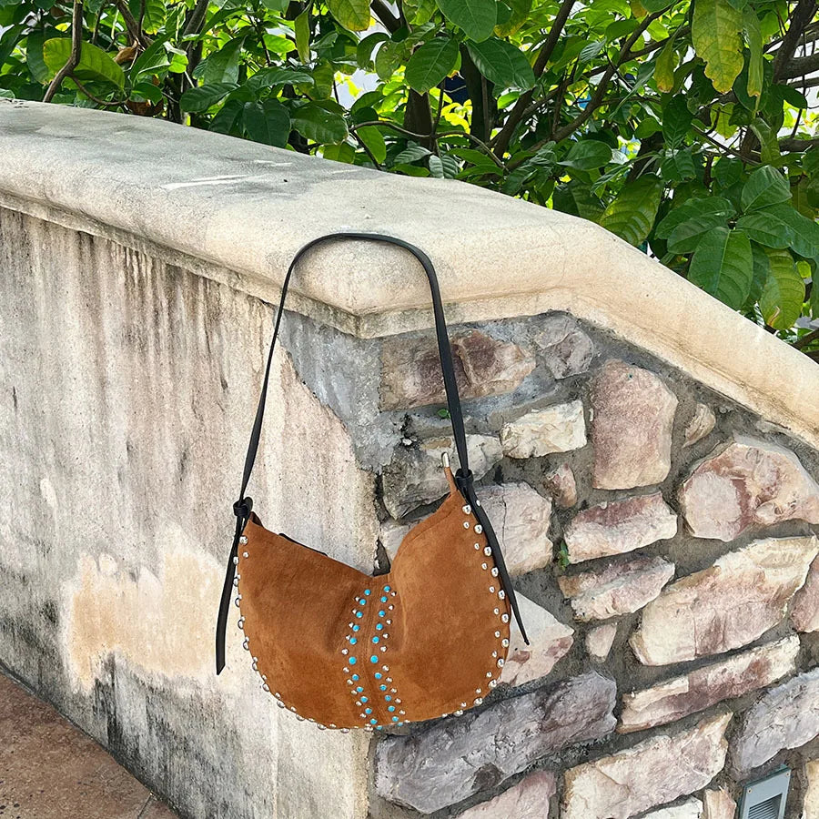 Studded Crescent Shoulder Bag