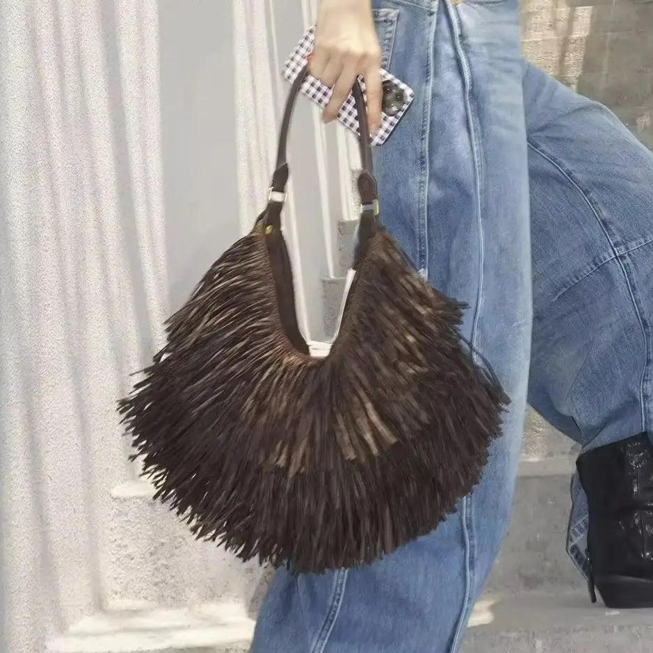 Fringed Crescent Shoulder Bag