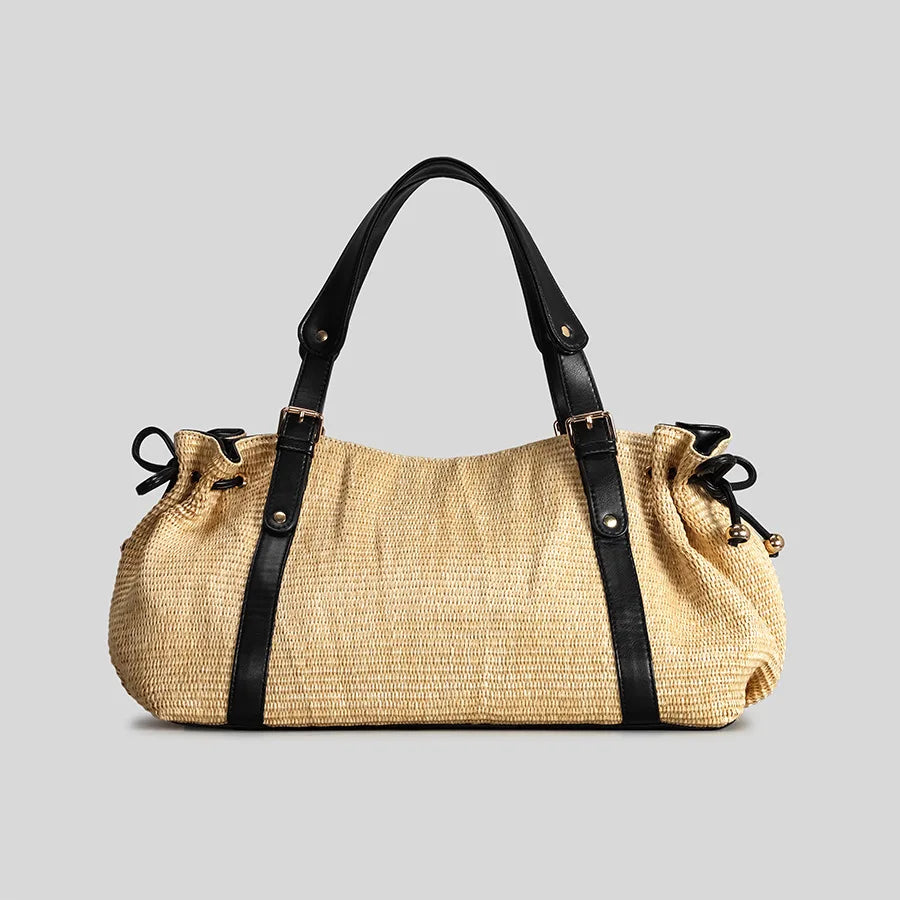 Contrast-Strap Woven Shoulder Bag