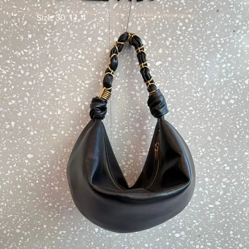 Chain-Trim Crescent Shoulder Bag