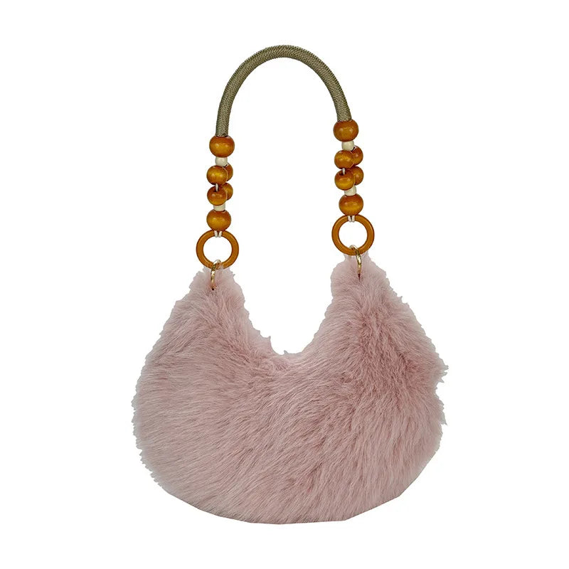 Beaded Handle Plush Handbag