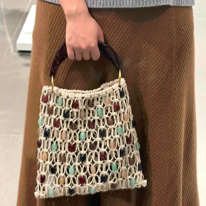Beaded Openwork Top-Handle Bag