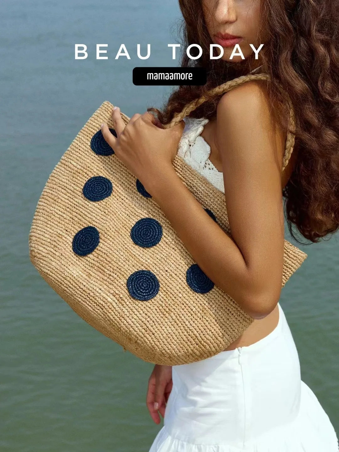 Polka-Dot Woven Tote Bag