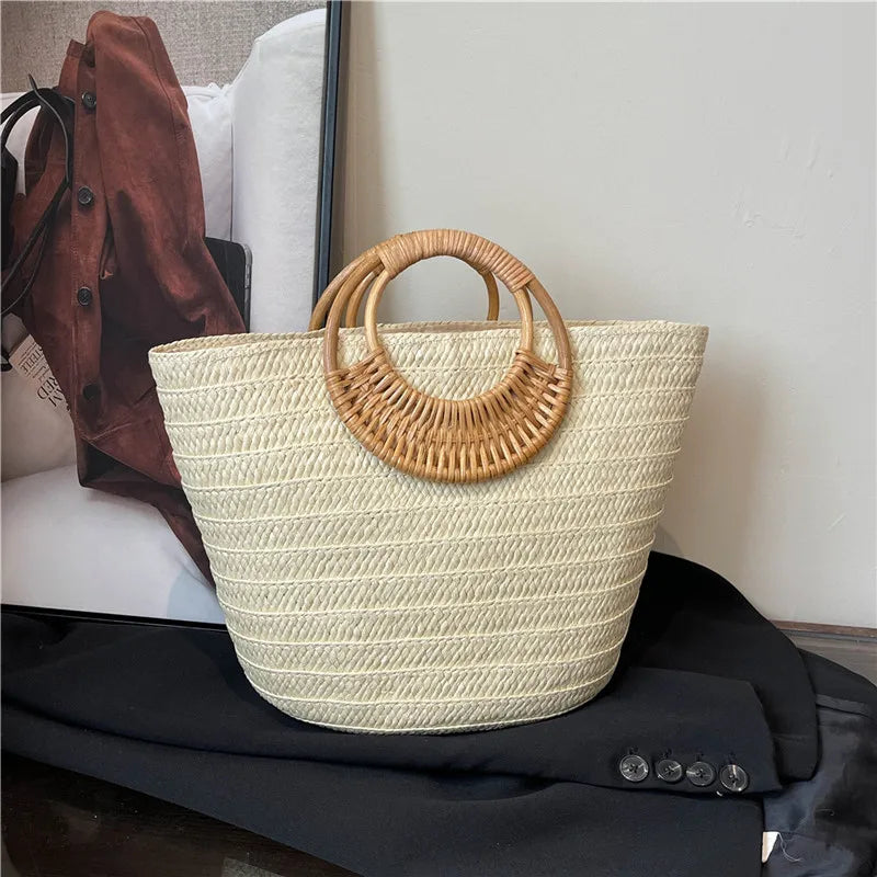 Round-Handle Woven Tote Bag