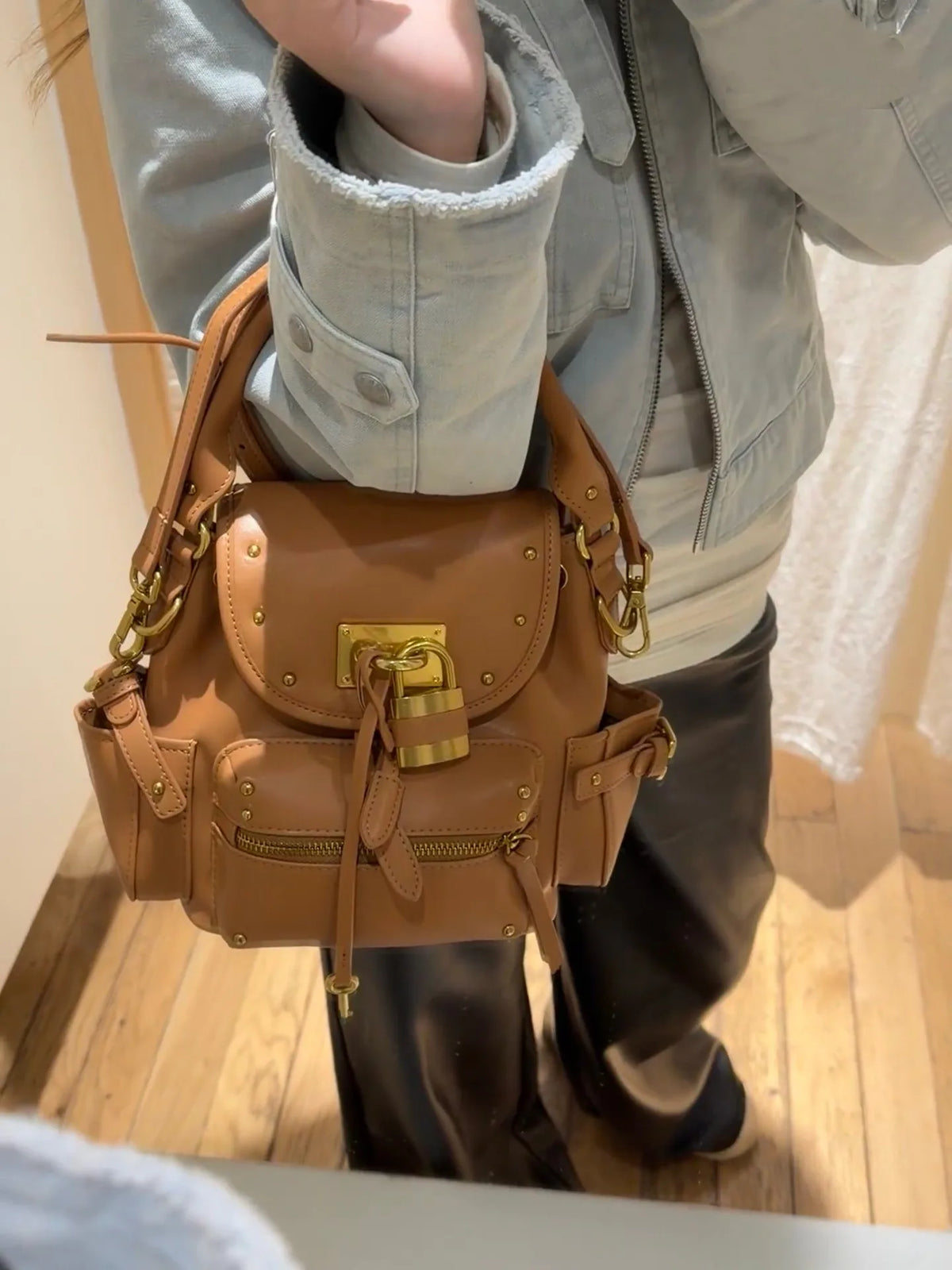 Studded Lock-Detail Top-Handle Bag