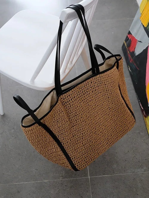Contrast-Trim Woven Tote Bag