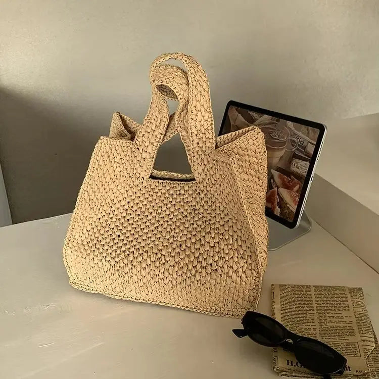 Cutout-Handle Woven Tote Bag