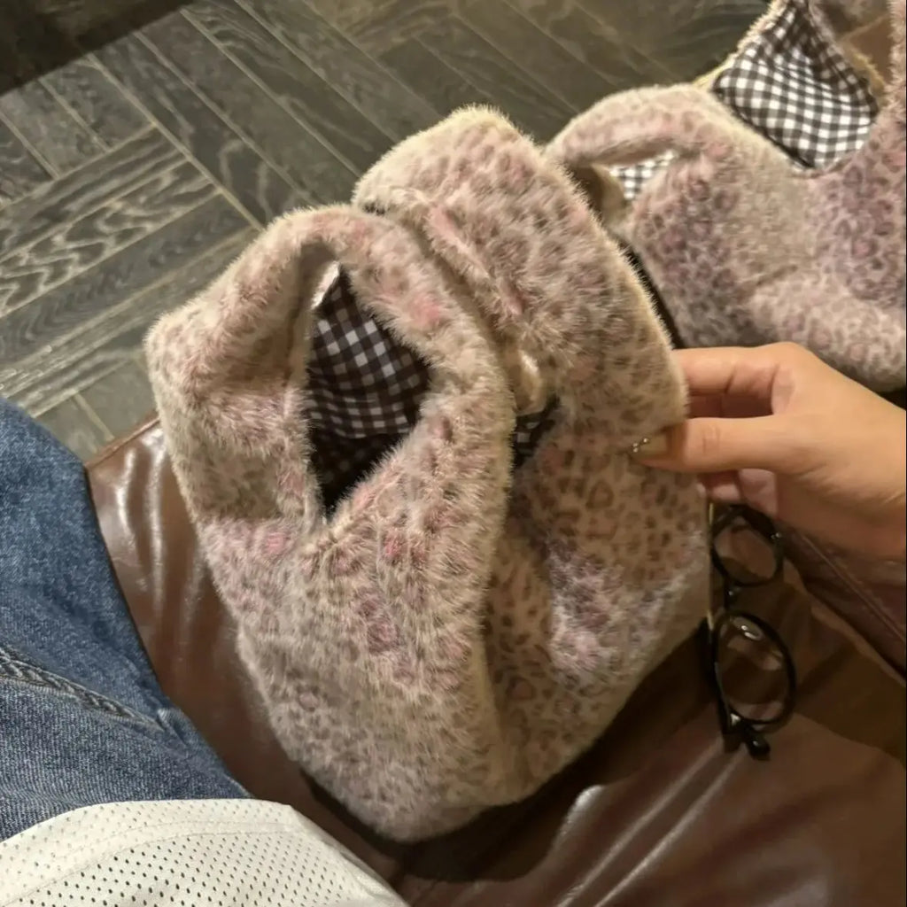 Leopard-Print Plush Shoulder Bag