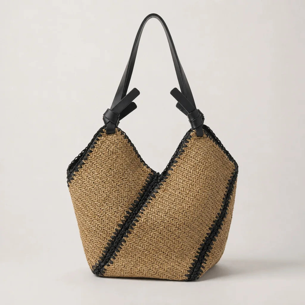Contrast-Trim Woven Shoulder Bag