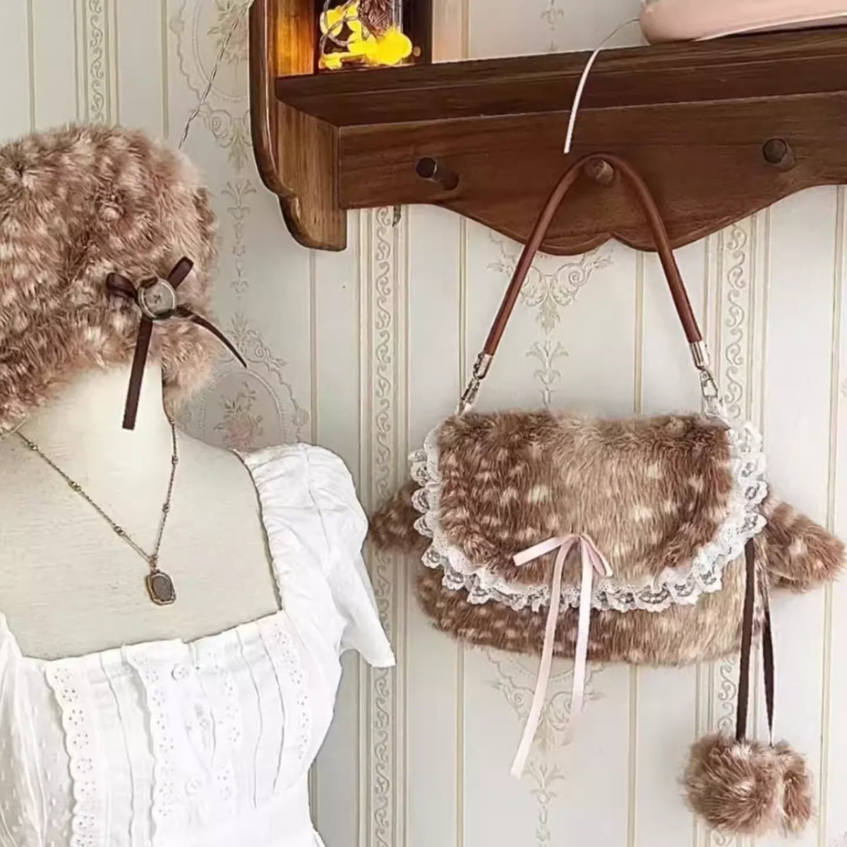 Ruffle-Trim Plush Shoulder Bag