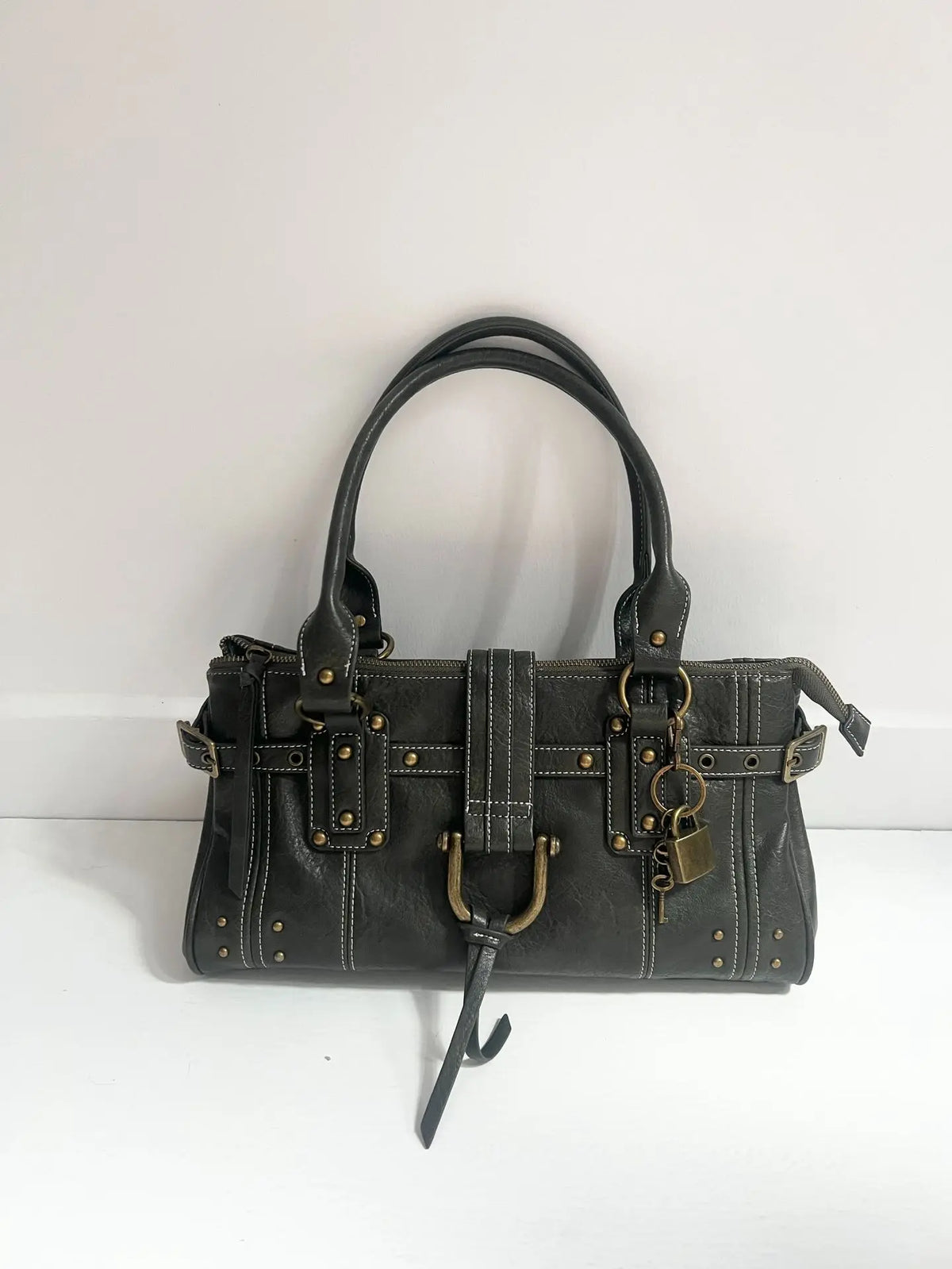 Buckled Studded Shoulder Bag