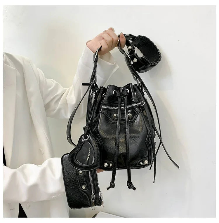 Studded Drawstring Bucket Bag