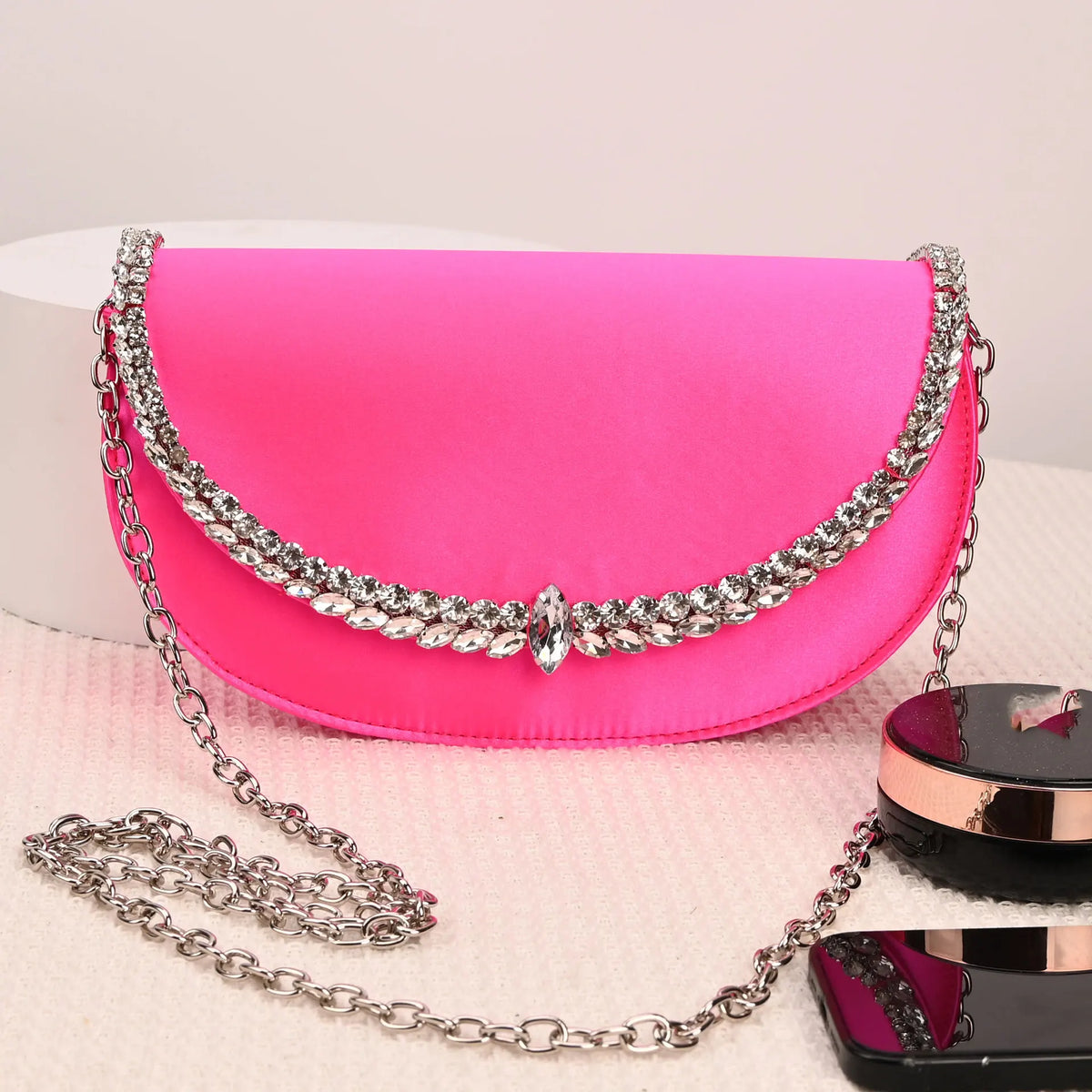 Sparkling-Trim Flap Clutch Bag