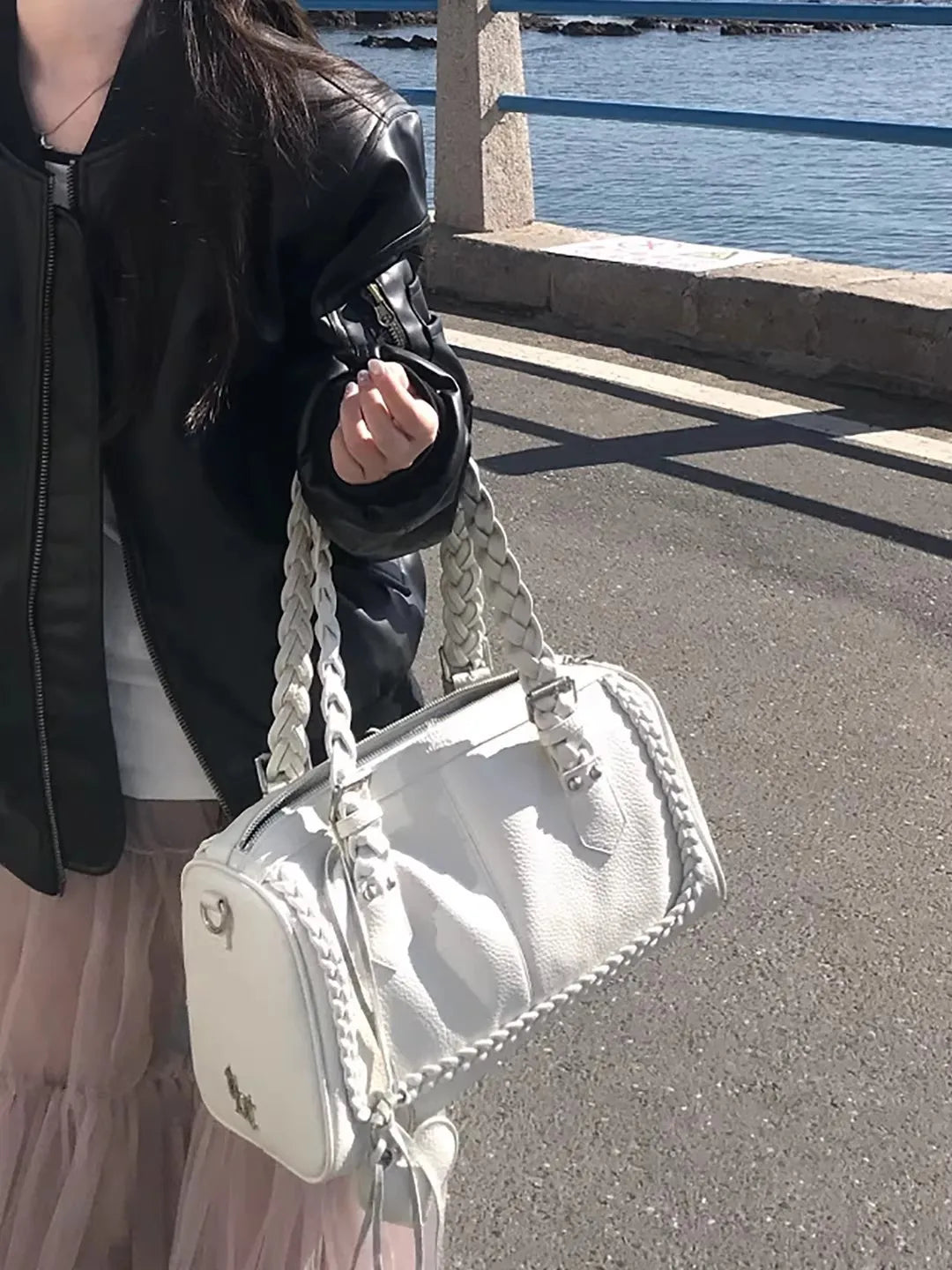 Braided-Handle Bowling Shoulder Bag