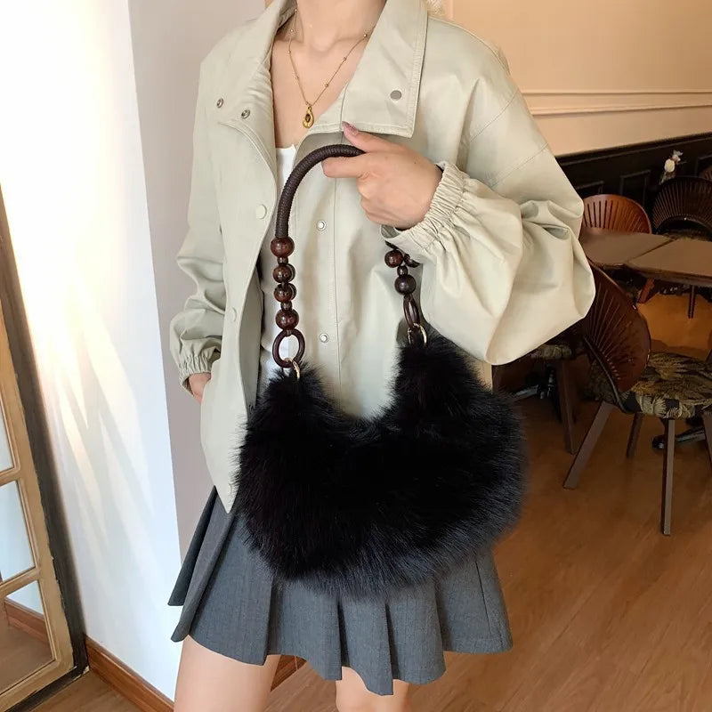 Beaded Handle Plush Handbag