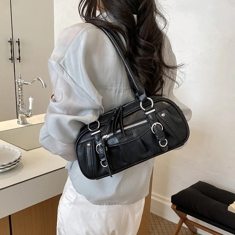 Buckle-Strap Boston Bag