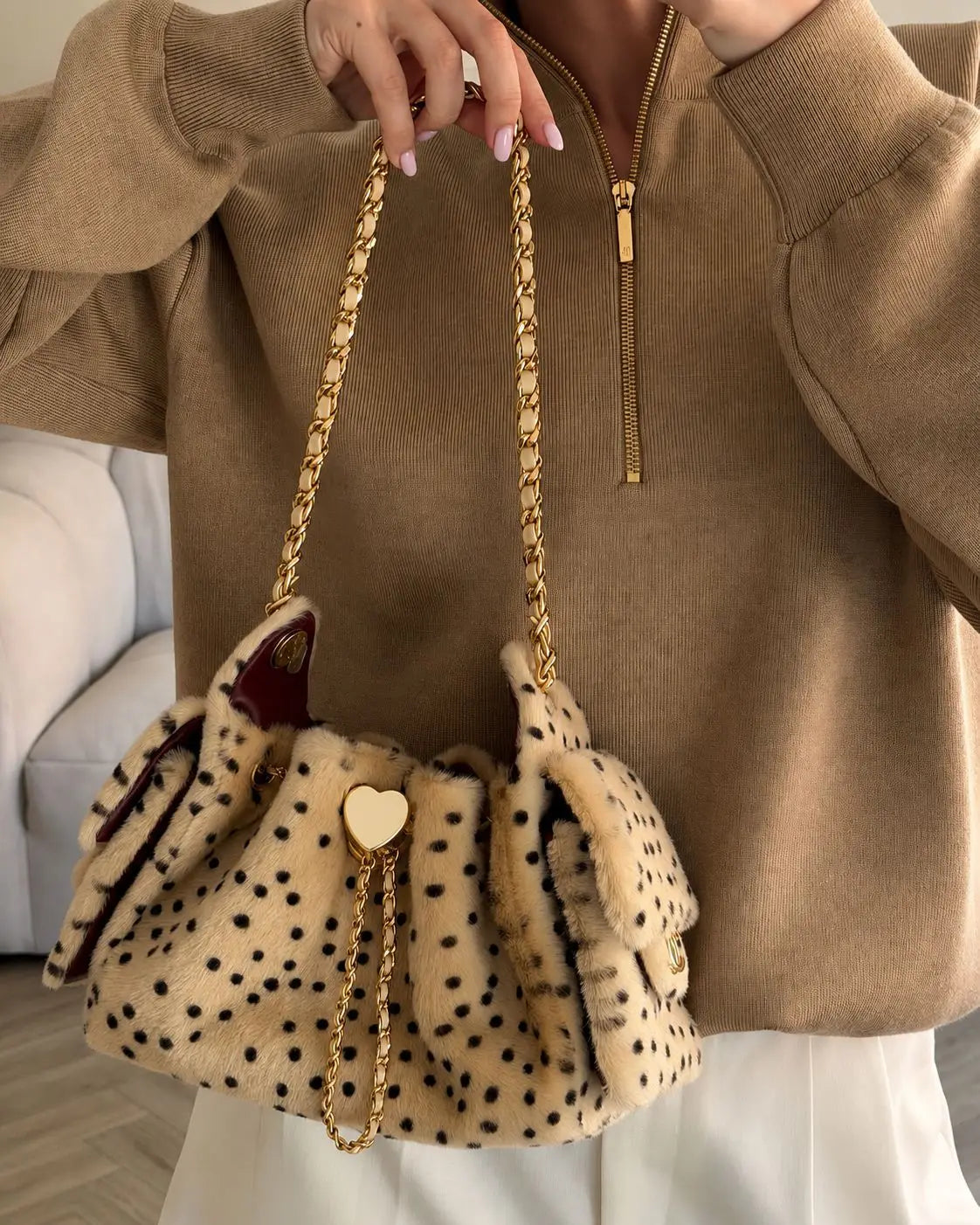 Spotted Plush Drawstring Bag