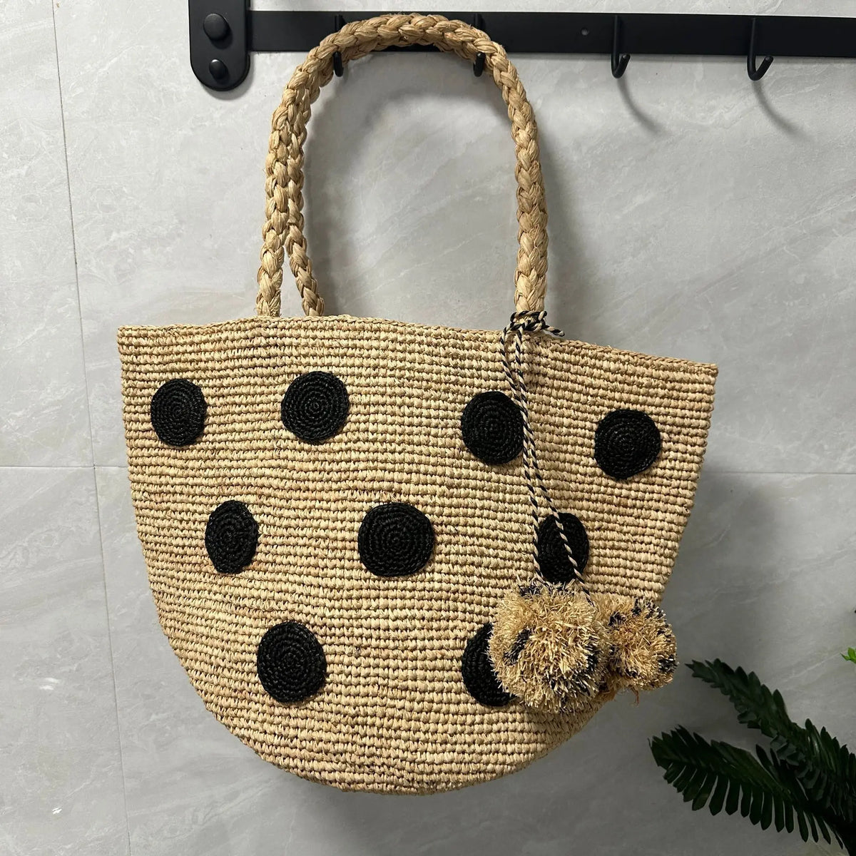 Polka-Dot Woven Tote Bag