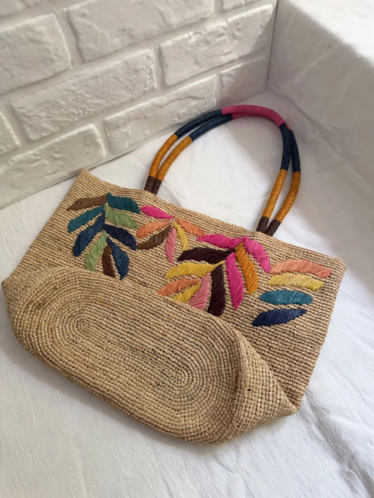 Leaf Embroidered Woven Tote