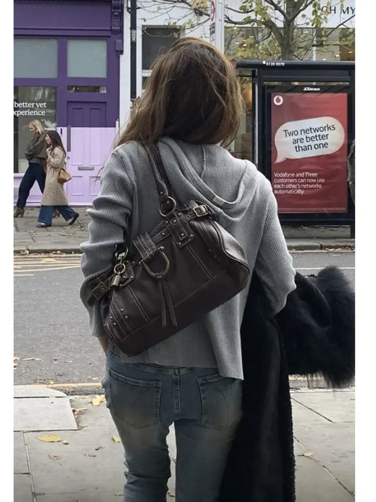 Buckled Studded Shoulder Bag